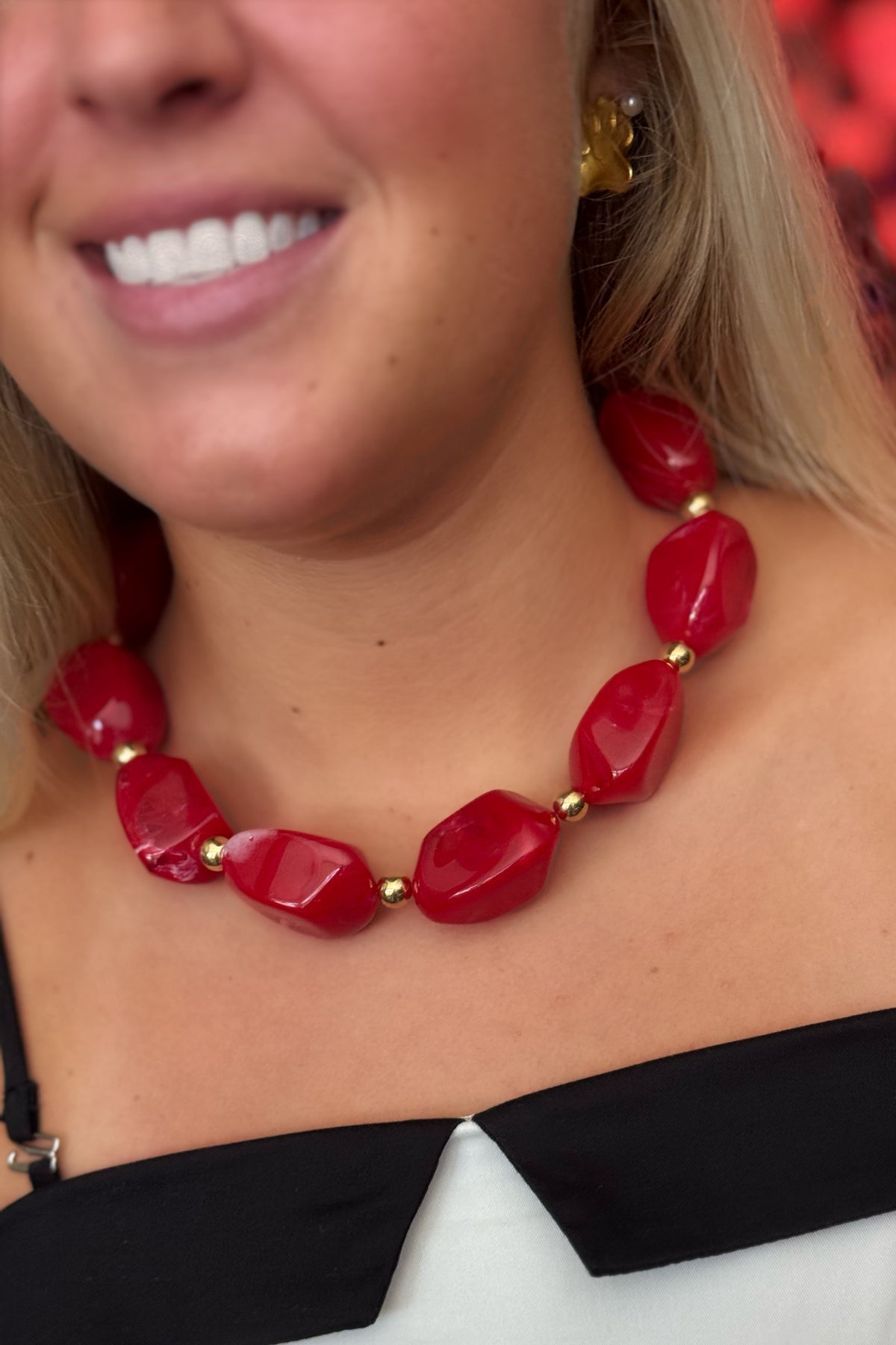 She's Spicy: Red Marble Pebble & Gold Ball Statement Necklace