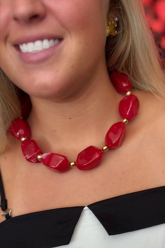 She's Spicy: Red Marble Pebble & Gold Ball Statement Necklace