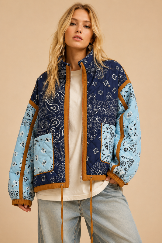 Blue Patchwork Bandana Quilted Jacket