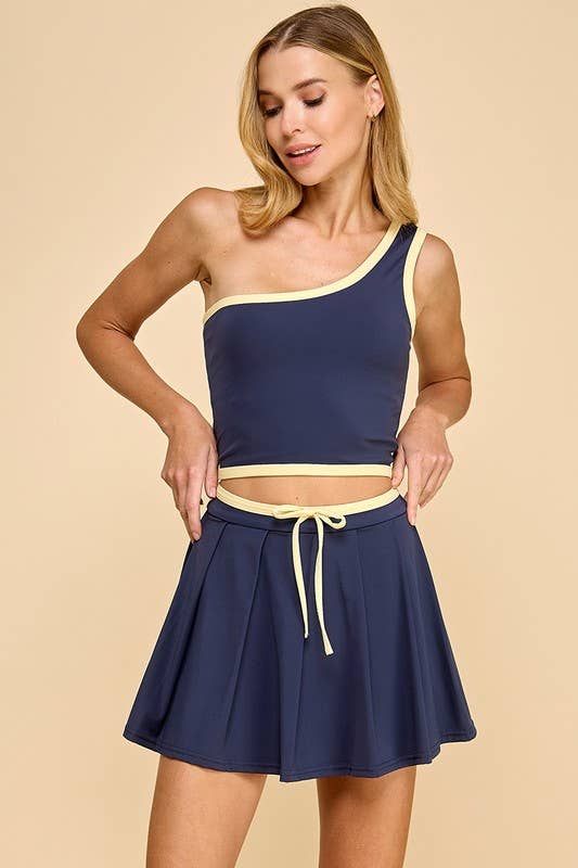 Navy & Nice One Shoulder Contrast Binding Athleisure Skort Set