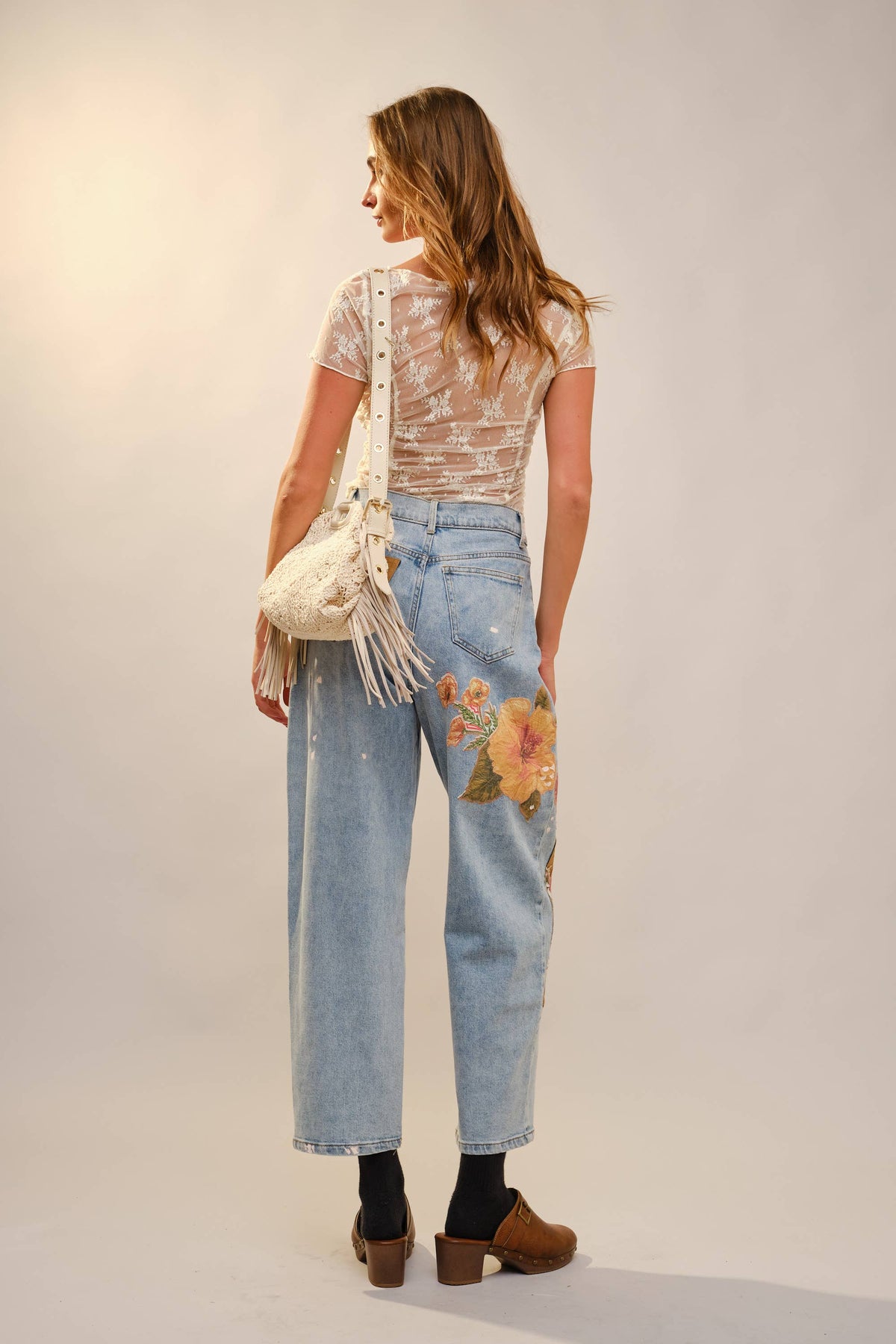 Autumn Floral Patchwork Barrel Leg Jeans – Light Wash