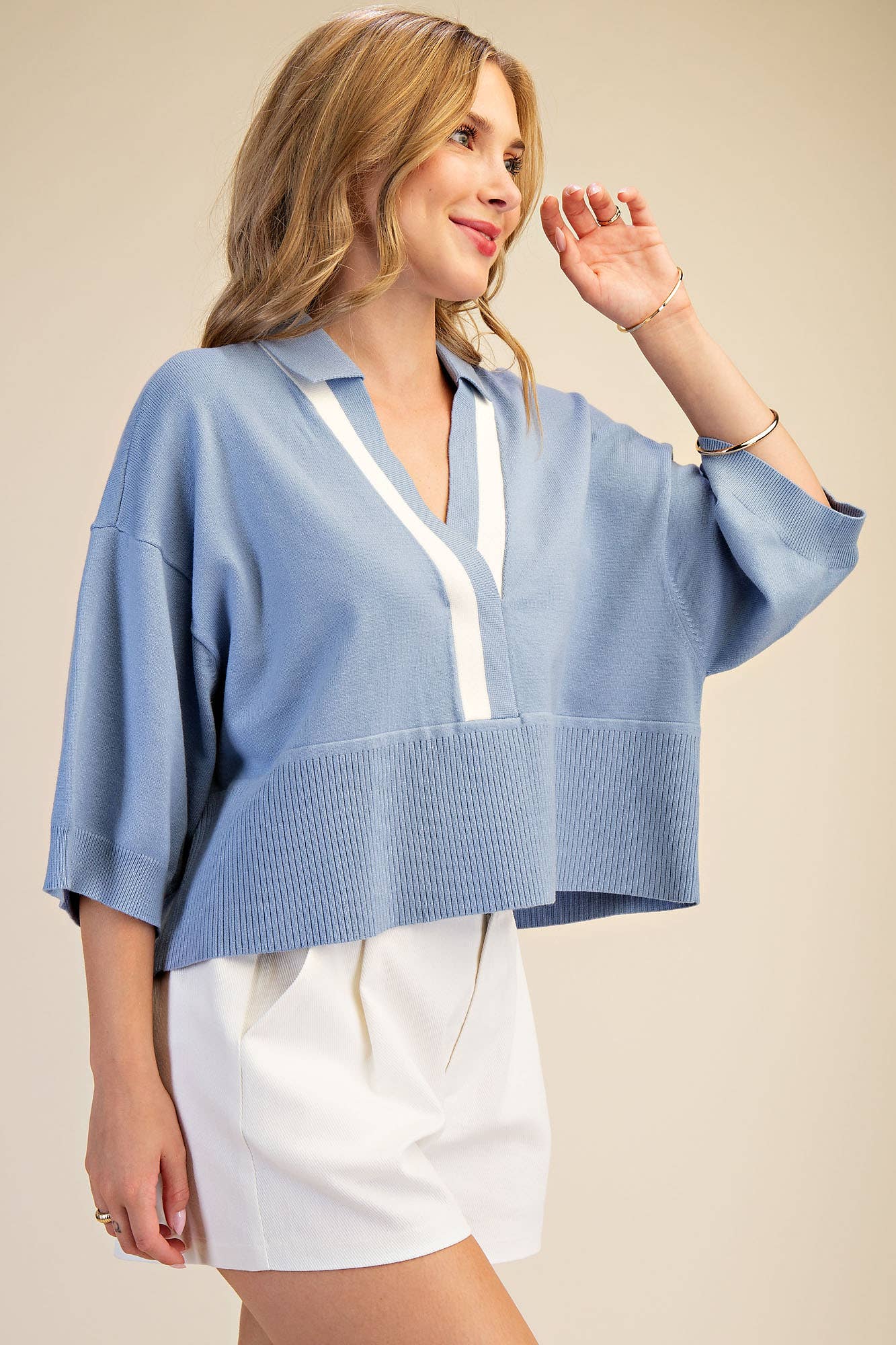 Cloud Blue Varsity Stripe Collared Sweater