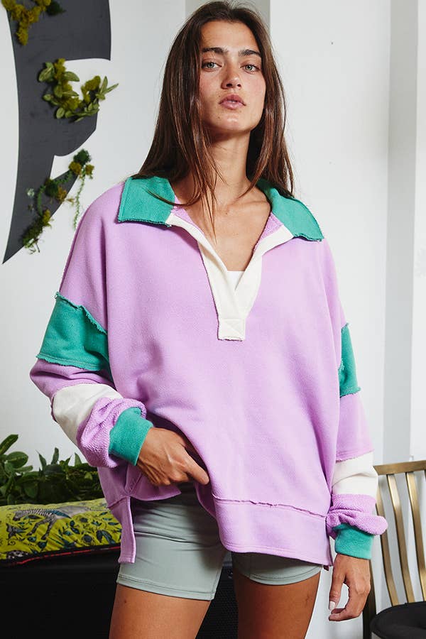 Lilac On The Lawn- French Terry Color-Block Collared Oversized Top