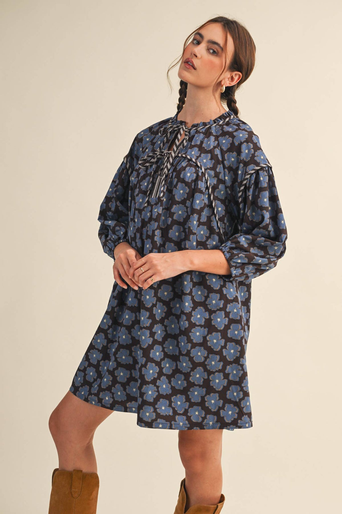 Brown & Blue Floral Tie-Neck Mini Shift Dress