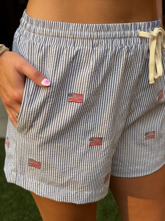 Stars & Stripes Flag Embroidered Navy Seersucker Lounge Shorts
