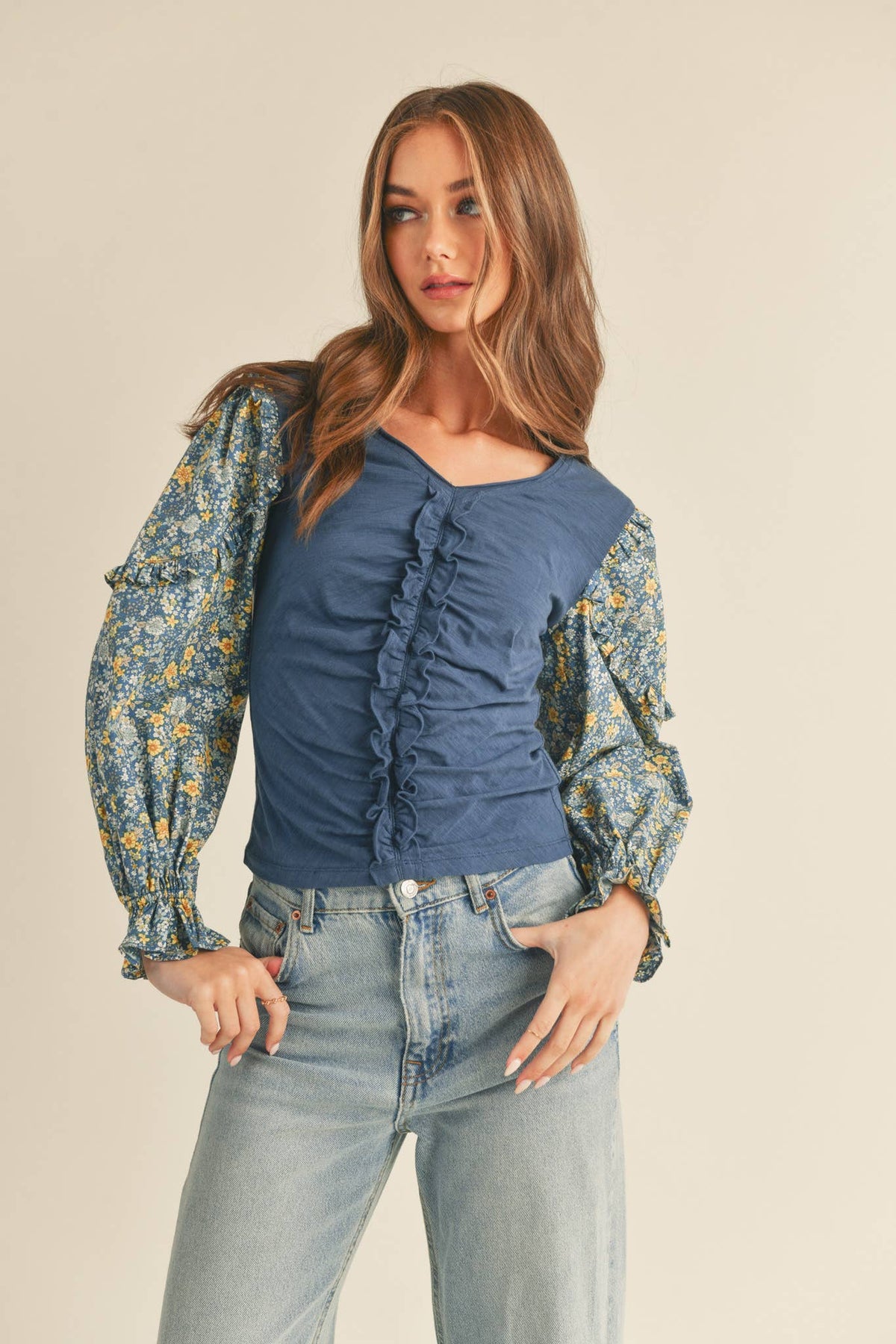 Dusty Blue Floral Puff Sleeve Cotton Blouse