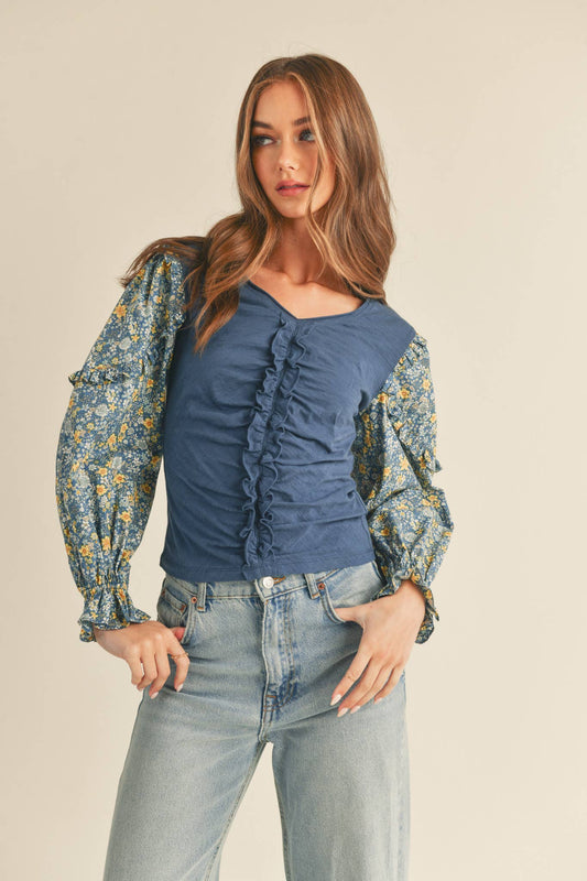 Dusty Blue Floral Puff Sleeve Cotton Blouse