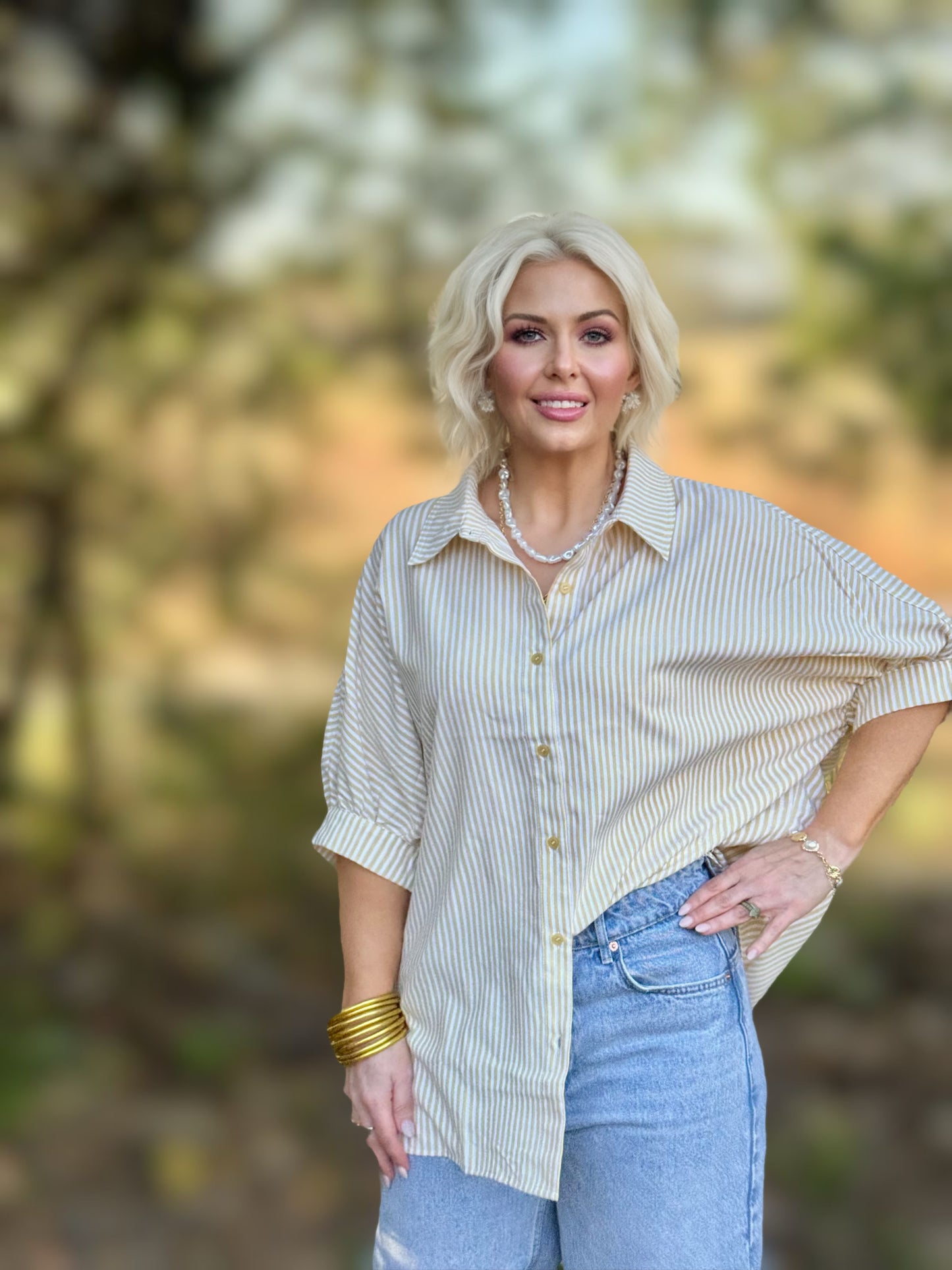 Spring Stripe Society Top: Creamy Yellow Striped Button-Down Relaxed Shirt