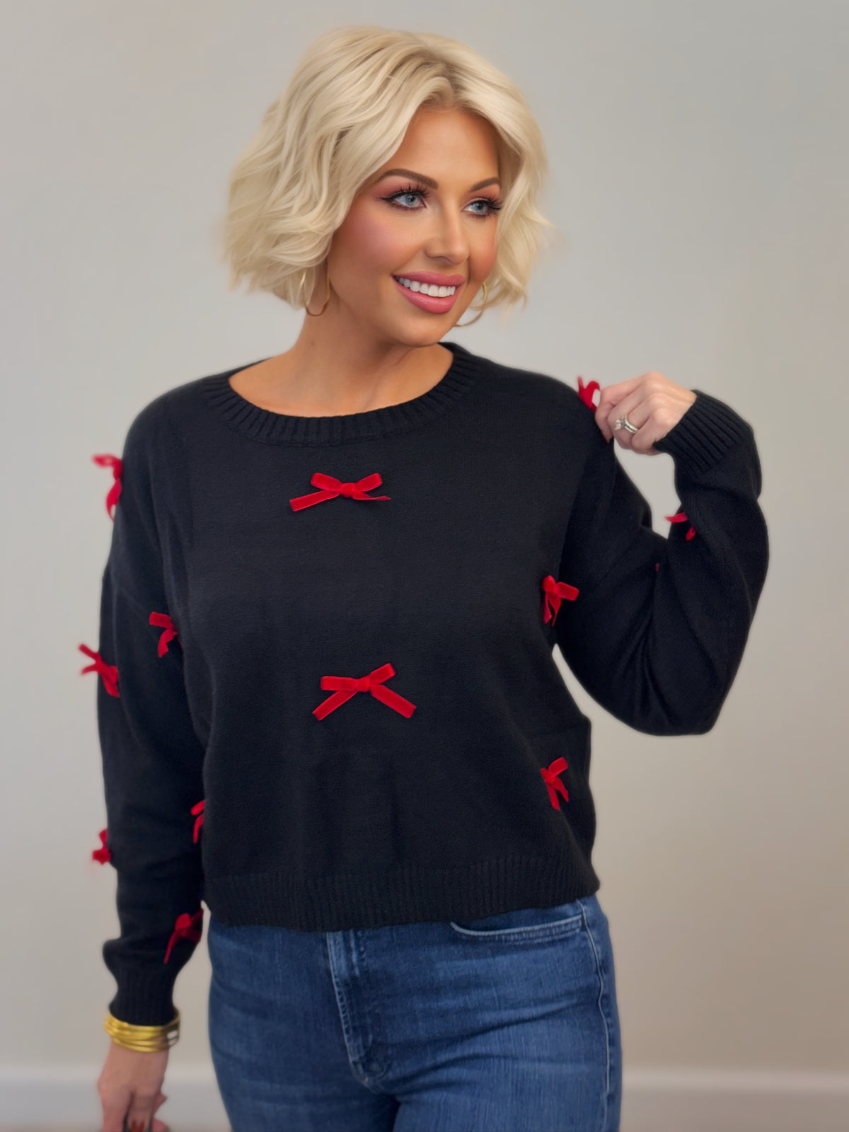 Black Sweater with Red Velvet Ribbon Bows