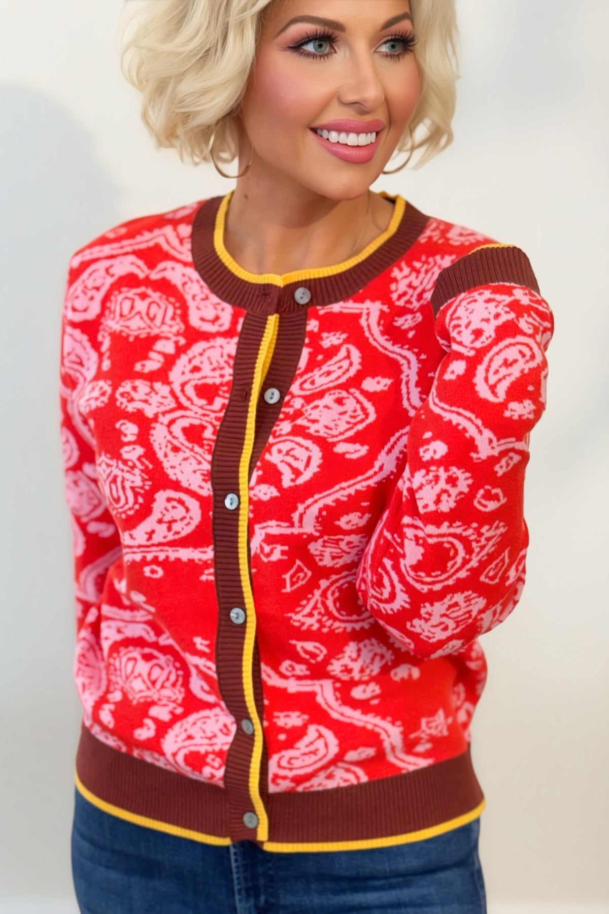 Poppy Red Paisley Knit Button-Down Cardigan Sweater