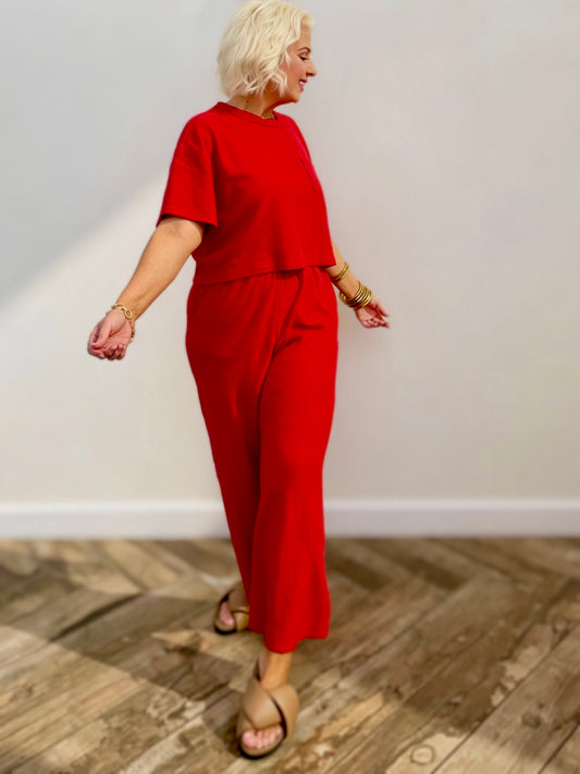 Red Wide-Leg Lounge Pants | Elastic Waist Relaxed Fit Pants