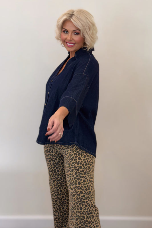 Easy Does It Oversized Denim Shirt : Dark-Wash Denim