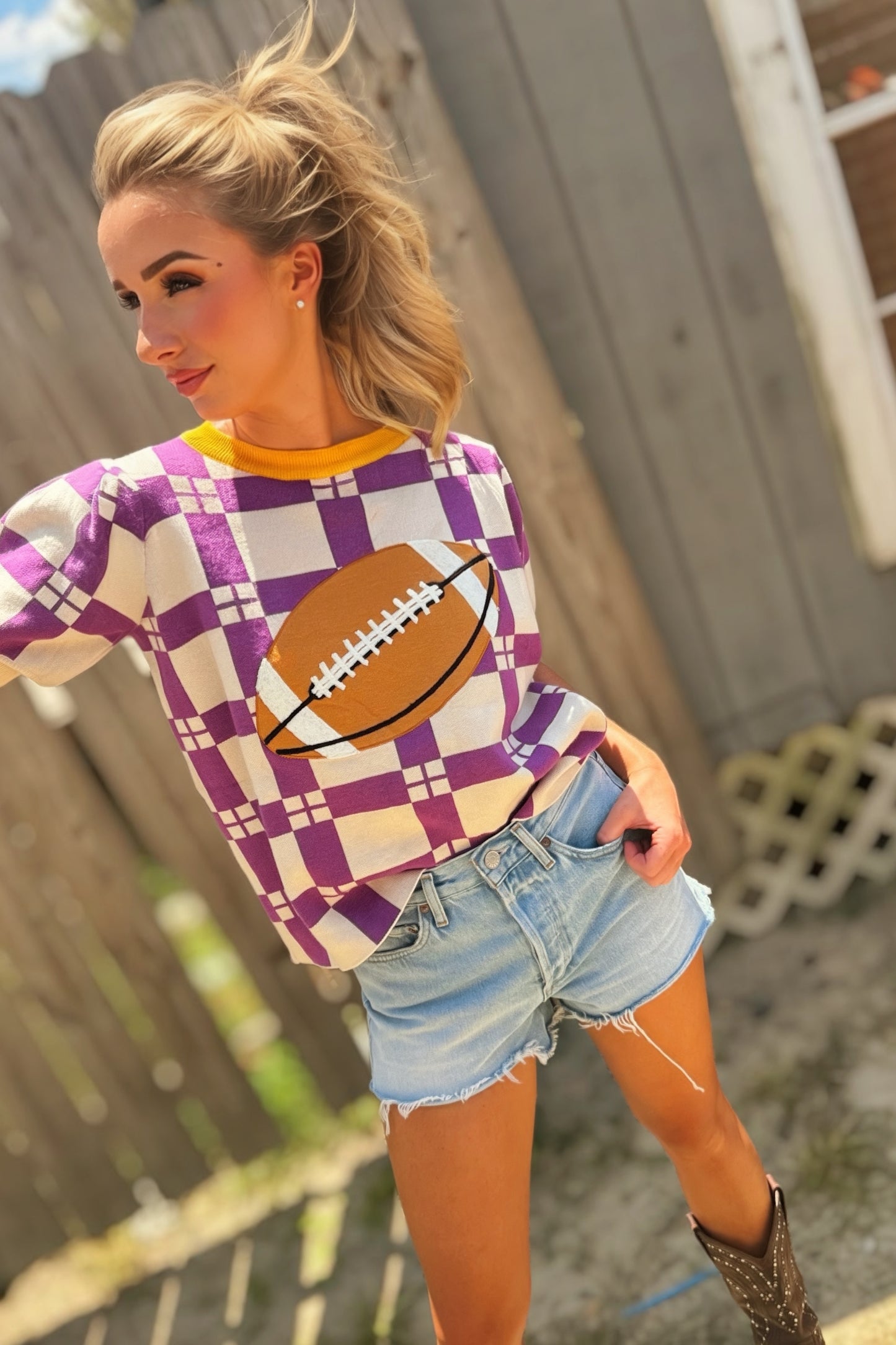 Purple & Gold Checkered Football Patch Game Day Knit Top