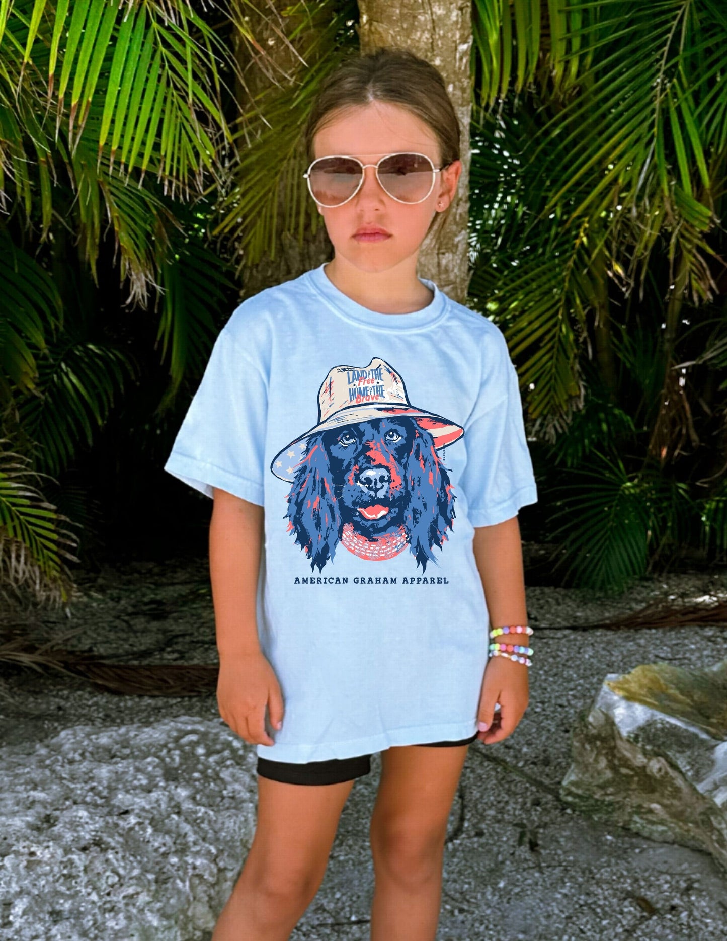Youth Land of the Free Dog Patriotic Graphic T-Shirt | USA Flag Dog Tee