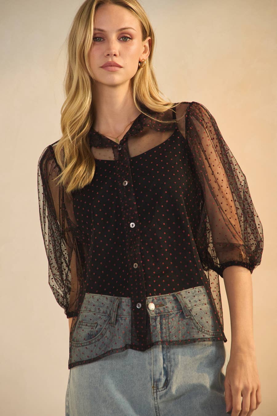 Night Game Red-Dotted Mesh Blouse