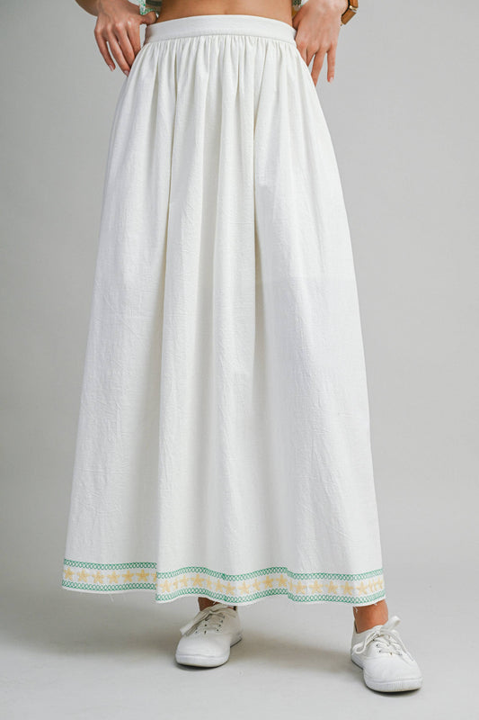 Palm Tree Embroidered White Maxi Skirt | Women’s Resort Skirt | Coastal Boho Summer Skirt