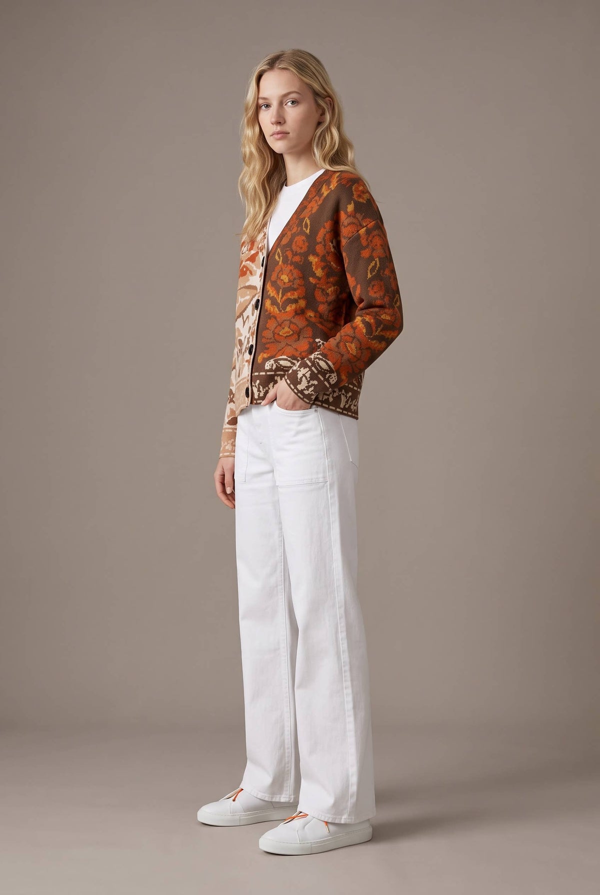 Rustic Fall Mixed Floral Jacquard Button-Front Cardigan