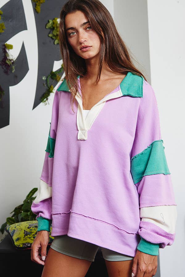Lilac On The Lawn- French Terry Color-Block Collared Oversized Top
