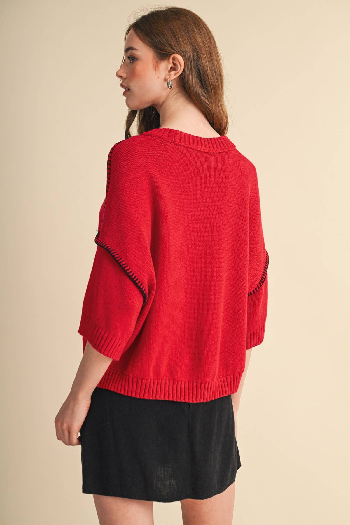 Red & Black Blanket Stitch Short Sleeve Sweater