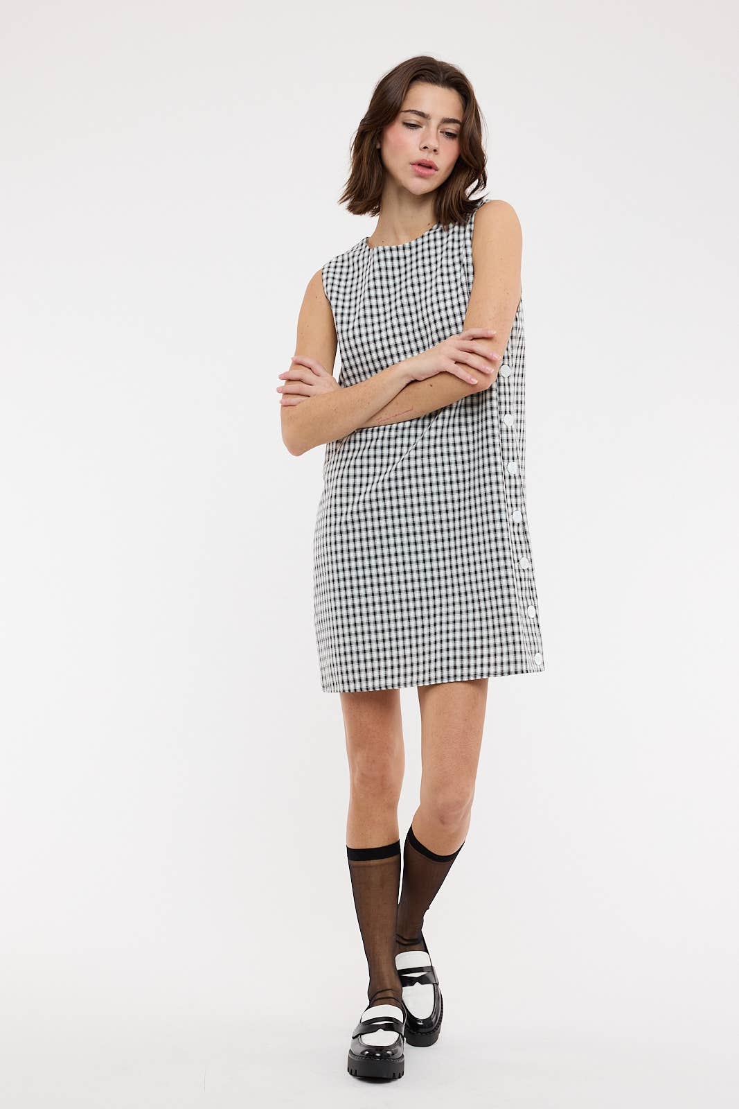 Black & White Plaid Side Button Mini Dress – Sleeveless Summer Dress