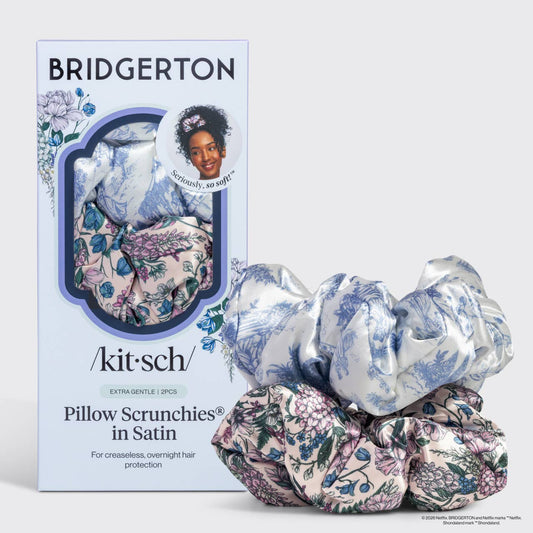 Bridgerton pillow scrunchies packaging with scrunchies in front on a white background