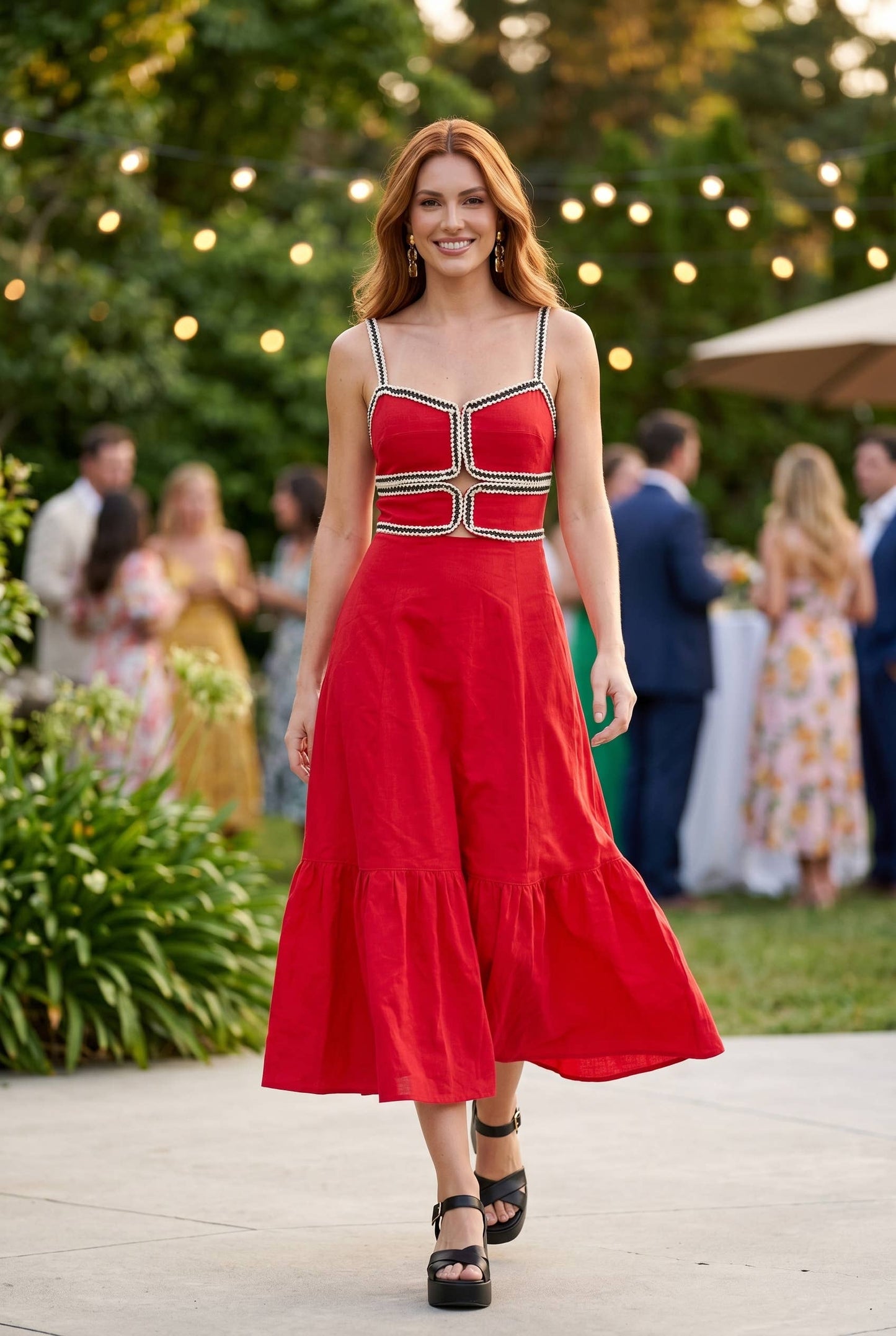 Touchdown Red Contrast-Trim Midi Dress