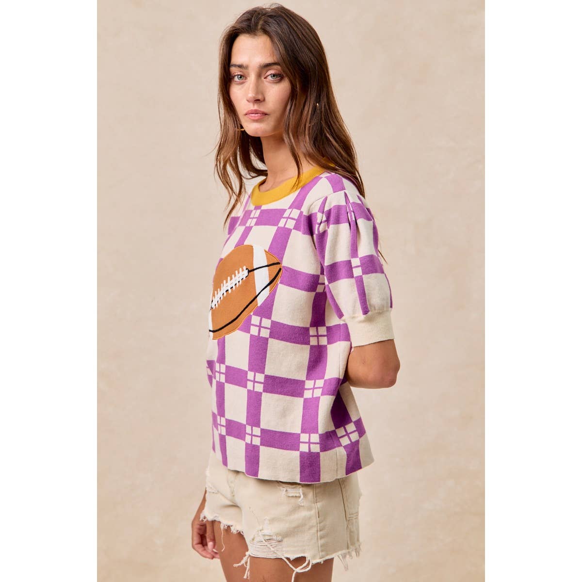 GAMEDAY THEME CHECKER PATTERN FOOTBALL PATCHED TOP: PURPLE/GOLD / L