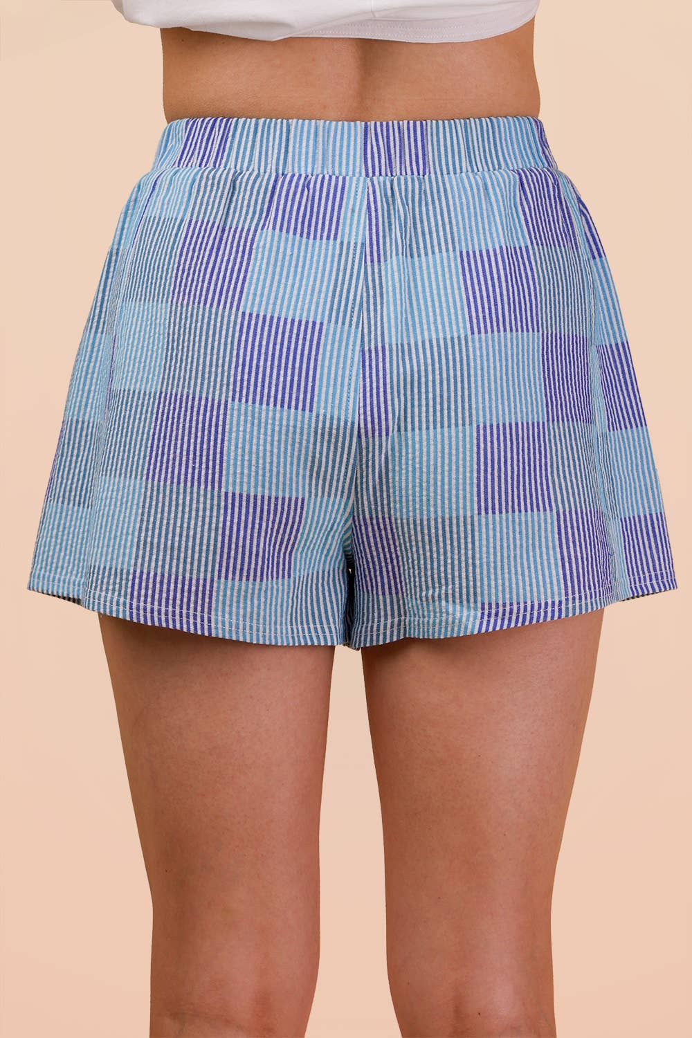 Blue Pastel Plaid Boxer Shorts for Women | Crinkle Cotton Lounge Shorts with Pockets