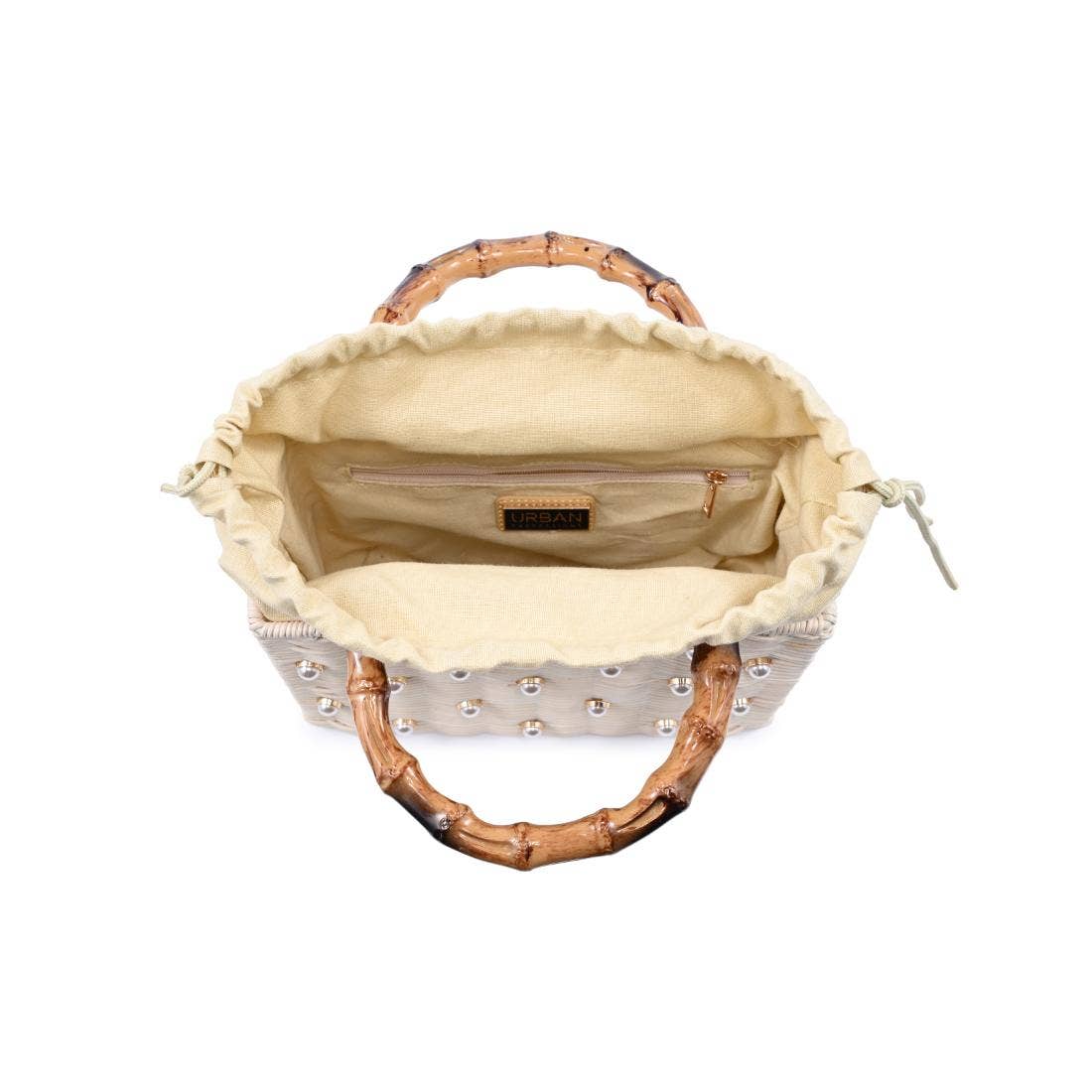 Handbag with bamboo handle on a white background