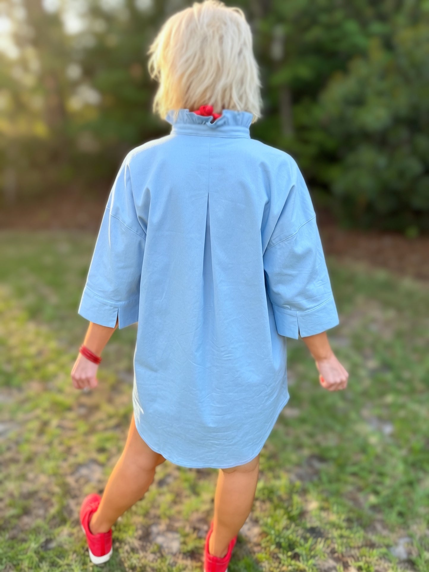 Southern Skies Blue Ruffle Collar Shirt Dress