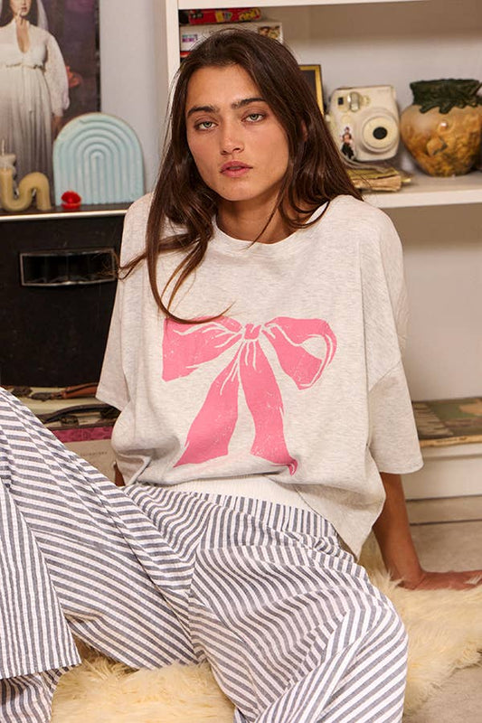 Coquette Rose Pink Bow Graphic Oversized Boxy Cropped Top