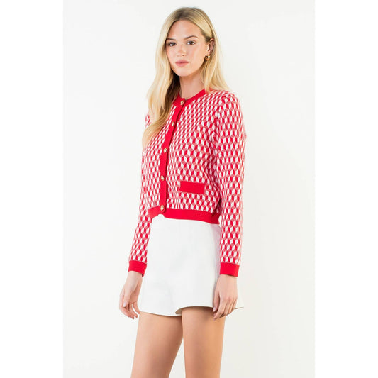 Lipstick Red Long Sleeve Geometric Print Cardigan
