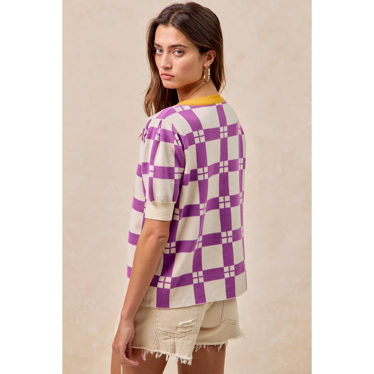 GAMEDAY THEME CHECKER PATTERN FOOTBALL PATCHED TOP: PURPLE/GOLD / L
