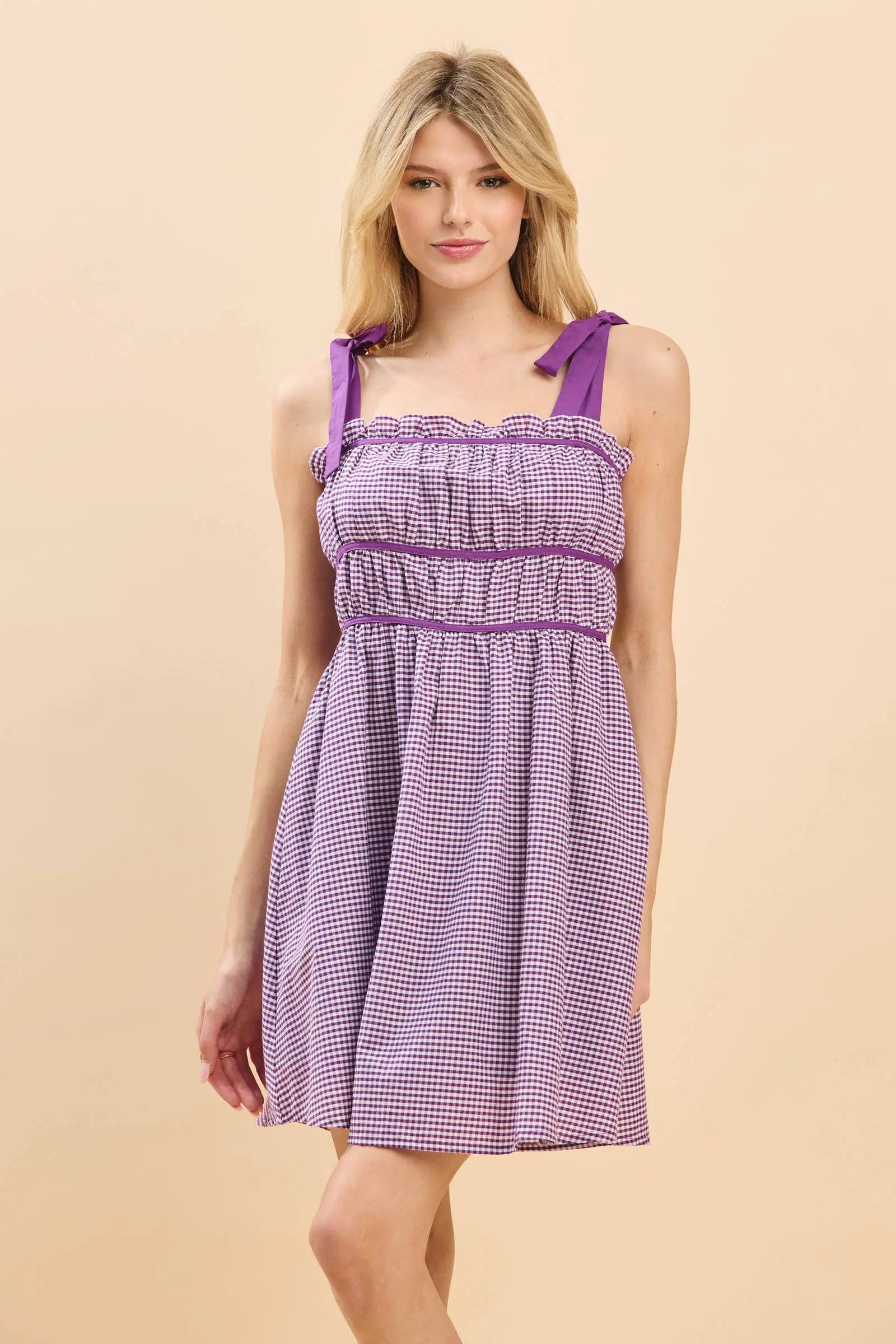 Gameday Cotton plaid print mini dress with binding details : PURPLE / S BABY PINK