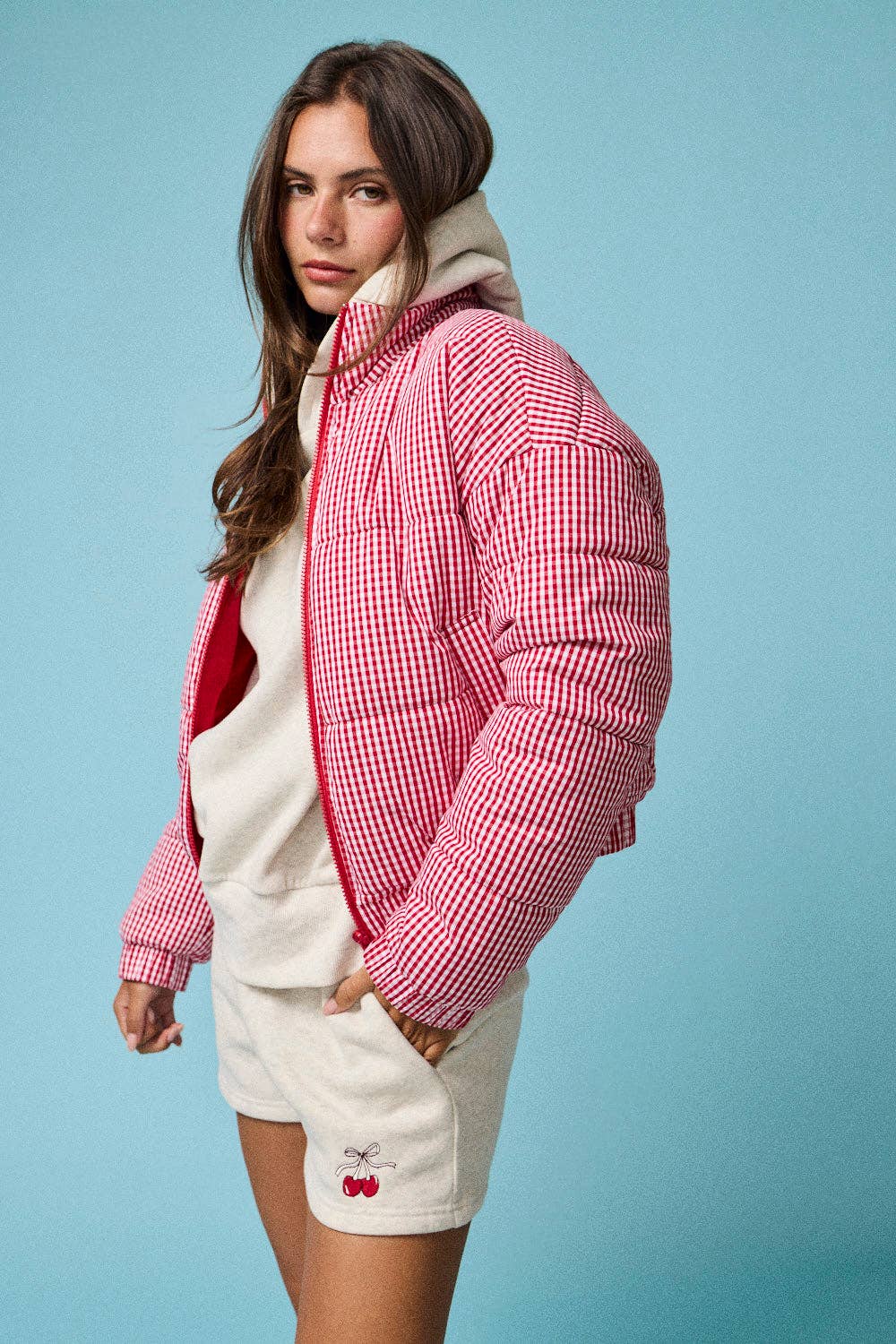 Check Me Out: Red & White Gingham Zip-Up Puffer Jacket