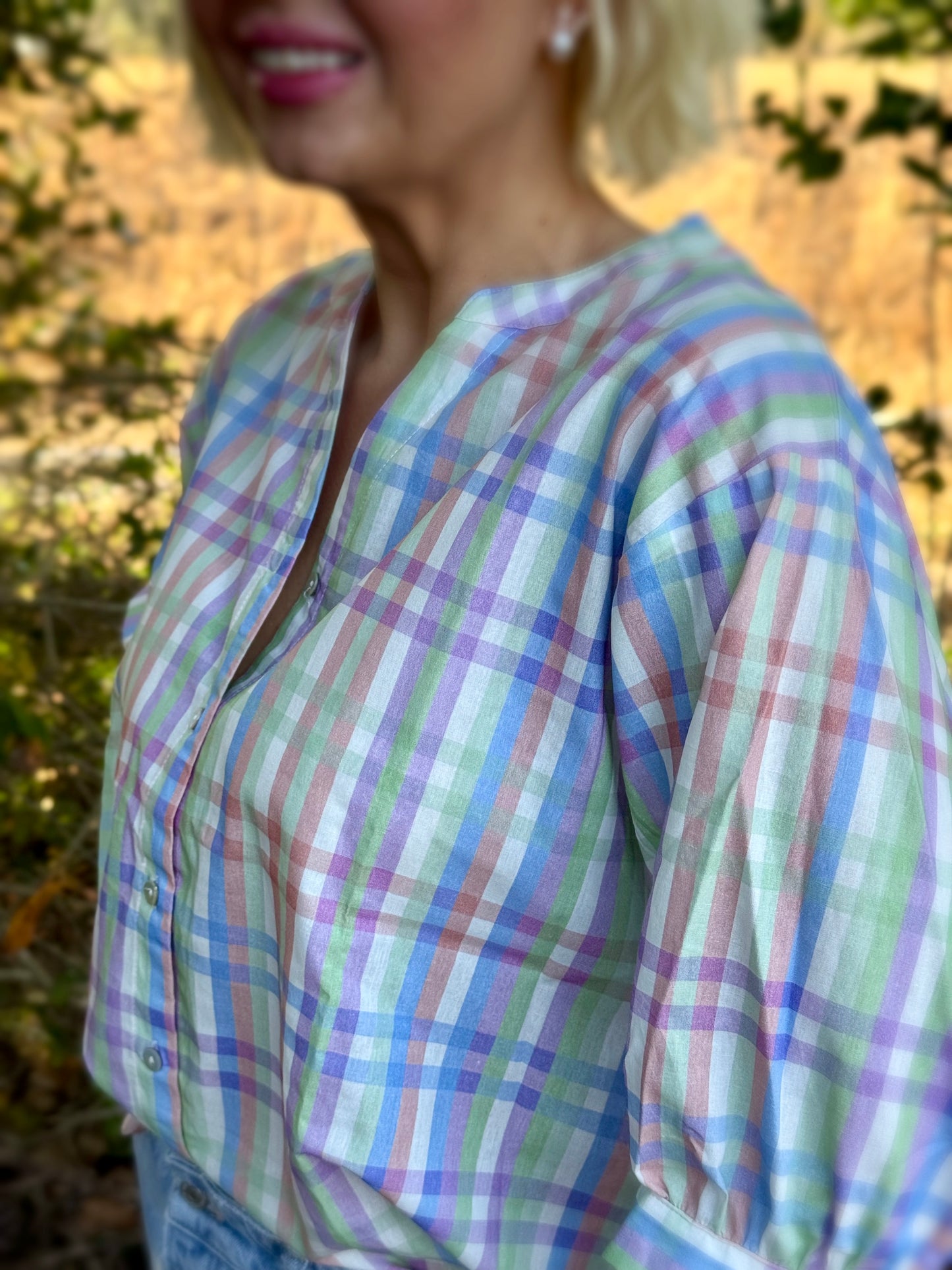 Sunday Best Plaid V-Neck Half Puff Sleeve Blouse