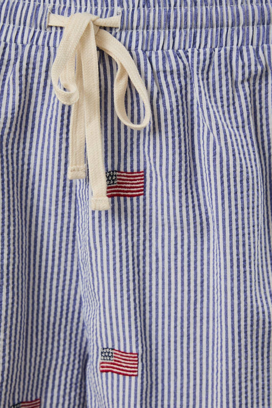 SHORTS MIT GESTICKTER STREIFENFLAGGE: MARINE-WEISS GESTREIFT / L