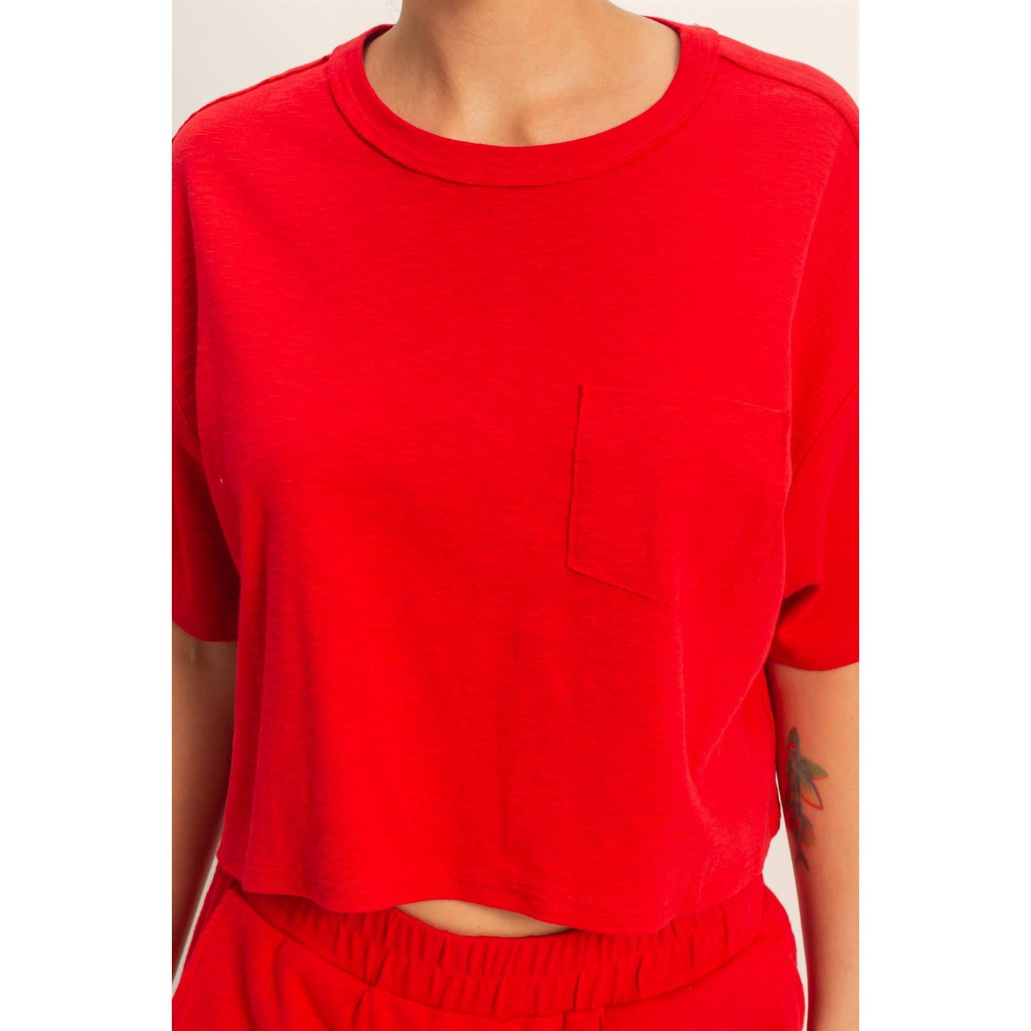 Red Relaxed Crop Tee | Boxy Pocket T-Shirt | Matching Set Top