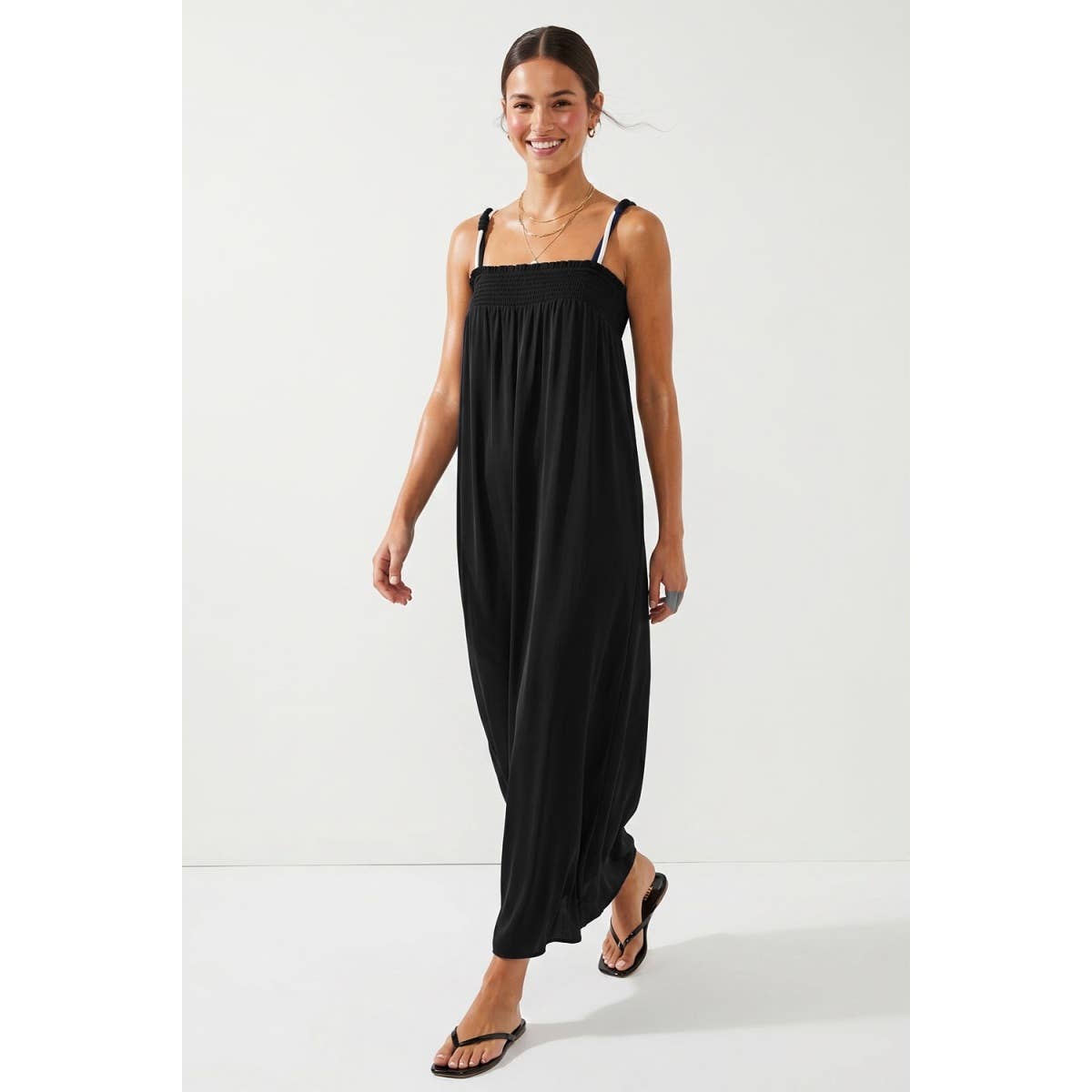 Cord Detail Smocking Maxi Dress: Peridot / L