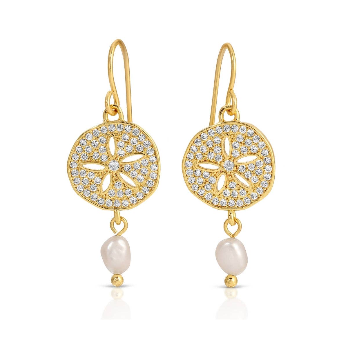 gold sand dollar pearl earrings cubic zirconia coastal beach jewelry drop earrings women