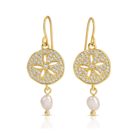 gold sand dollar pearl earrings cubic zirconia coastal beach jewelry drop earrings women