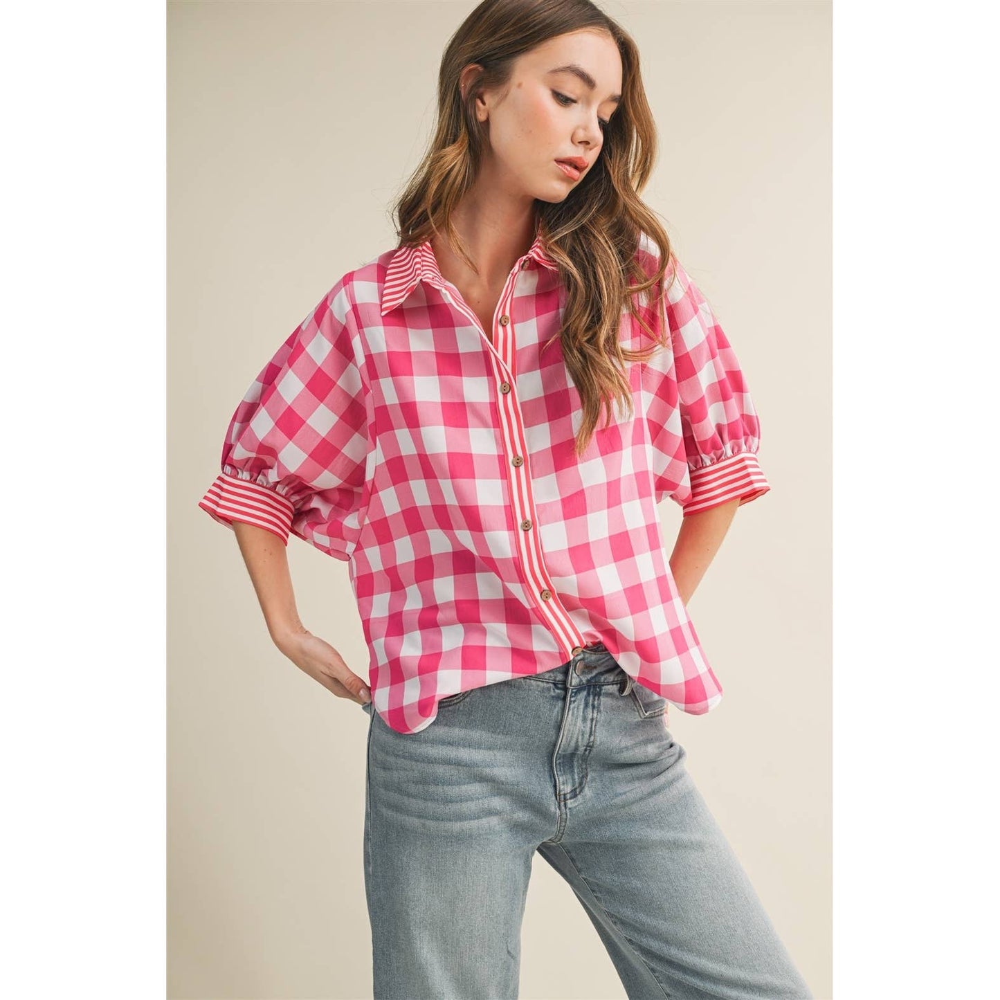 Romantic Gingham Check Pattern Elegant Blouse: RED / S-M-L-XL(2-2-2-1)