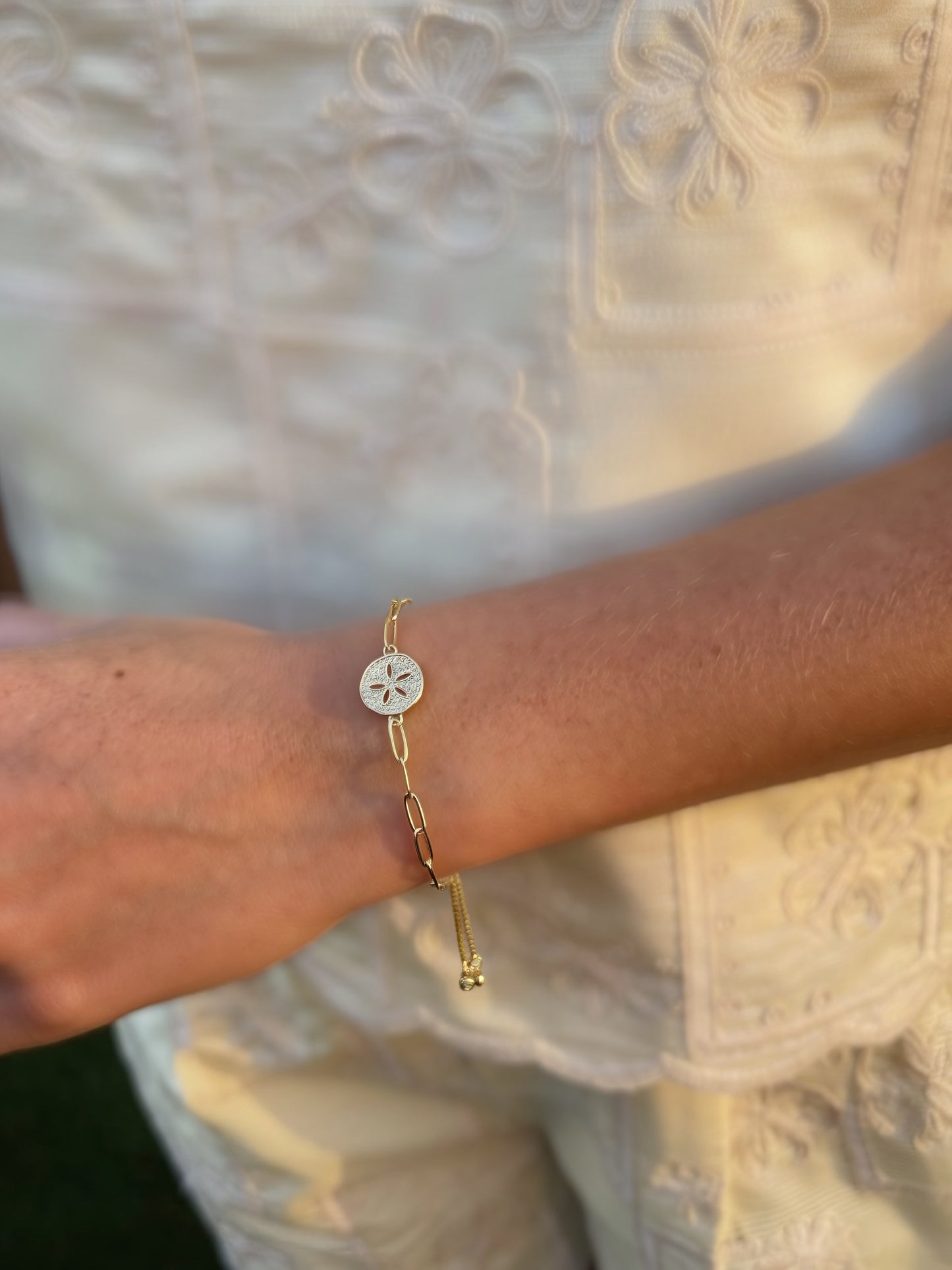 Gold Sand Dollar Bracelet | Adjustable Beach Charm Bracelet | CZ Pave Coastal Jewelry | 18K Gold Plated Slider Bracelet Gift for Her