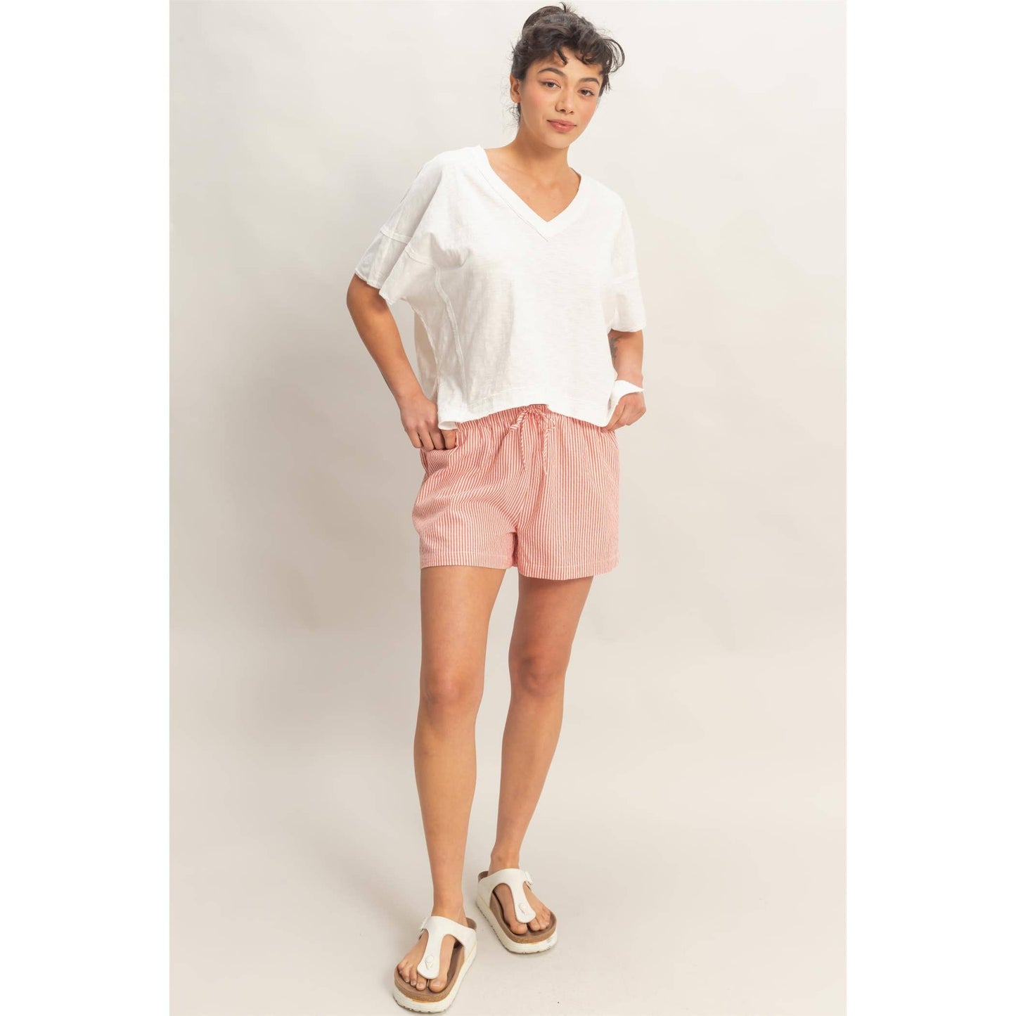Red Stripe Drawstring Lounge Shorts for Women | Lightweight Summer Shorts