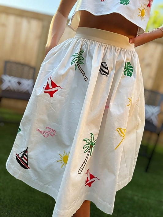 Coastal Embroidered Midi Skirt – Beach & Vacation Summer Outfit