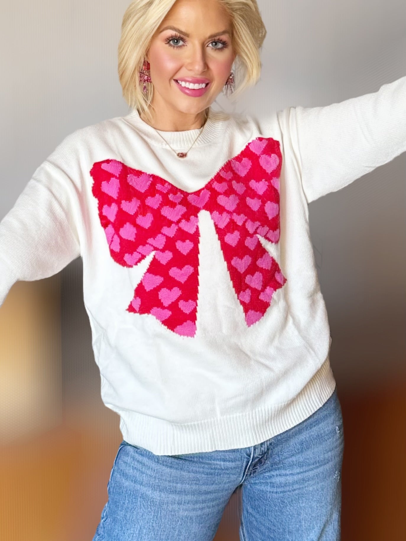 Cupid Approved Valentines Heart Bow Graphic Long Sleeve Knit Sweater