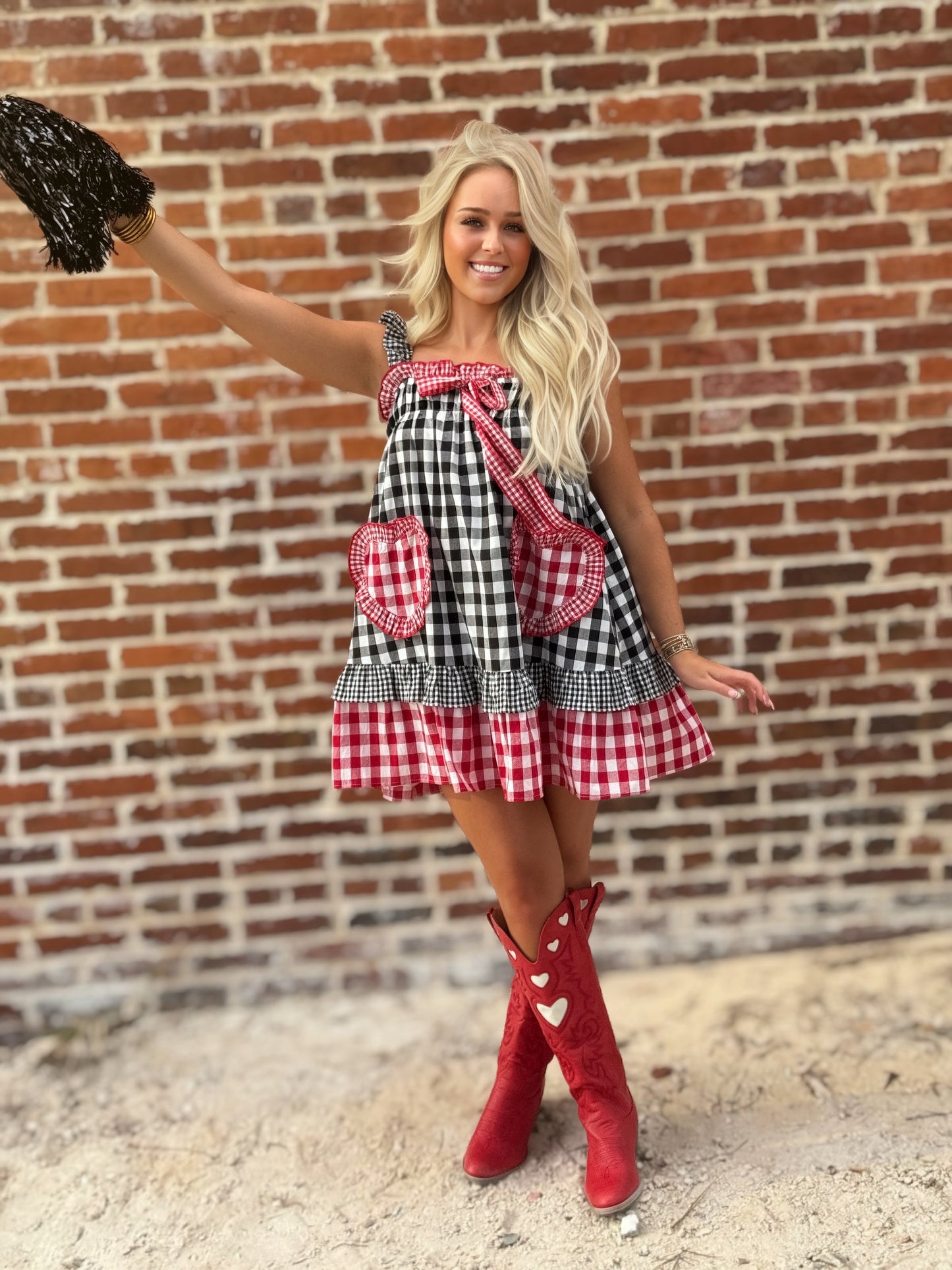 Red & Black Gingham Heart Pocket Babydoll Dress