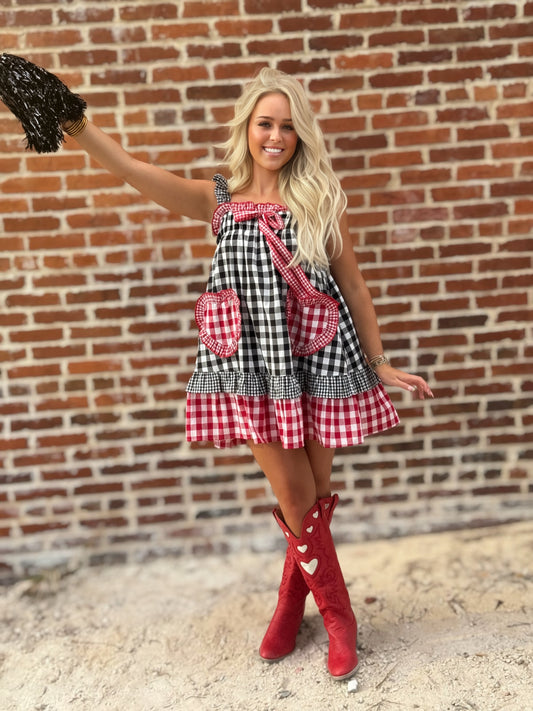 Red & Black Gingham Heart Pocket Babydoll Dress