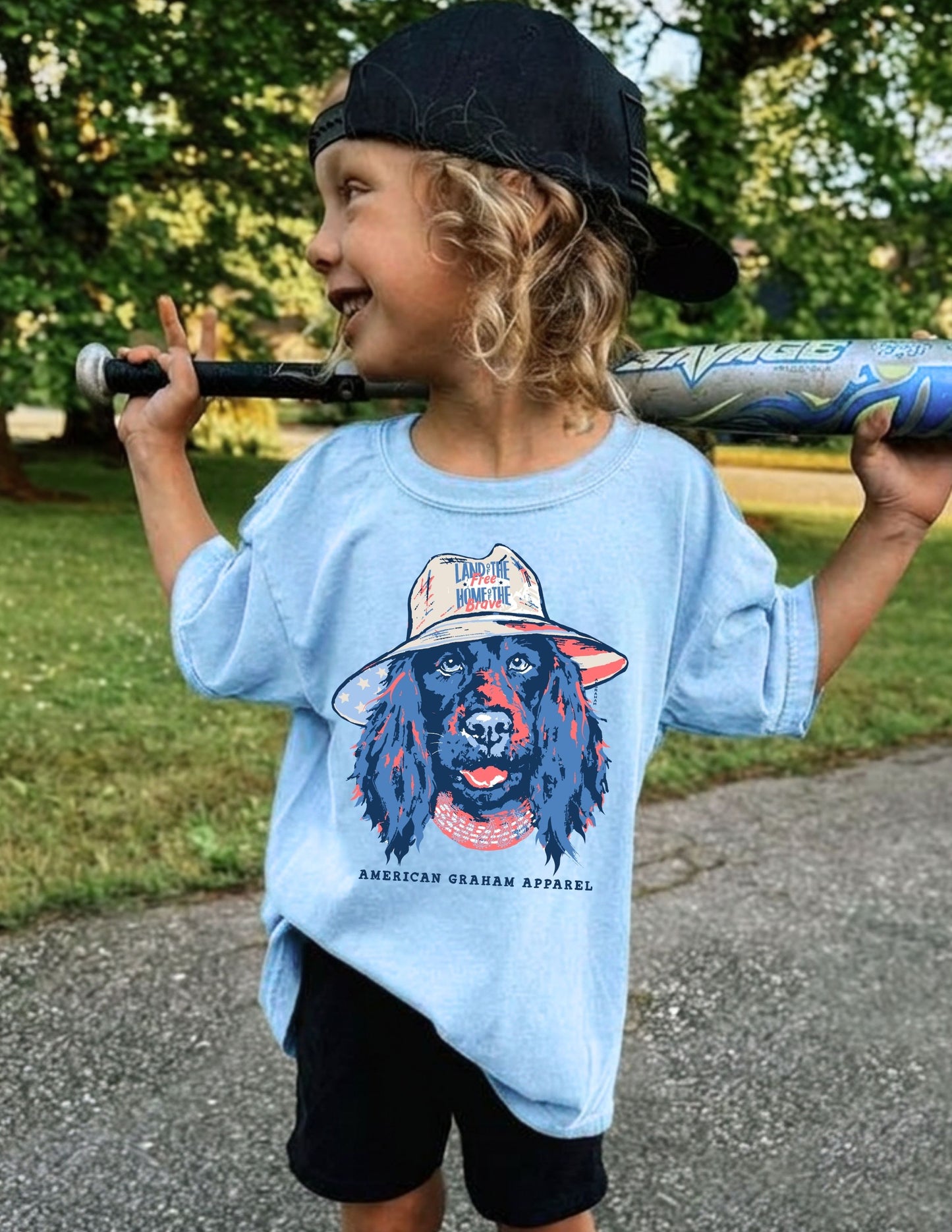 Youth Land of the Free Dog Patriotic Graphic T-Shirt | USA Flag Dog Tee