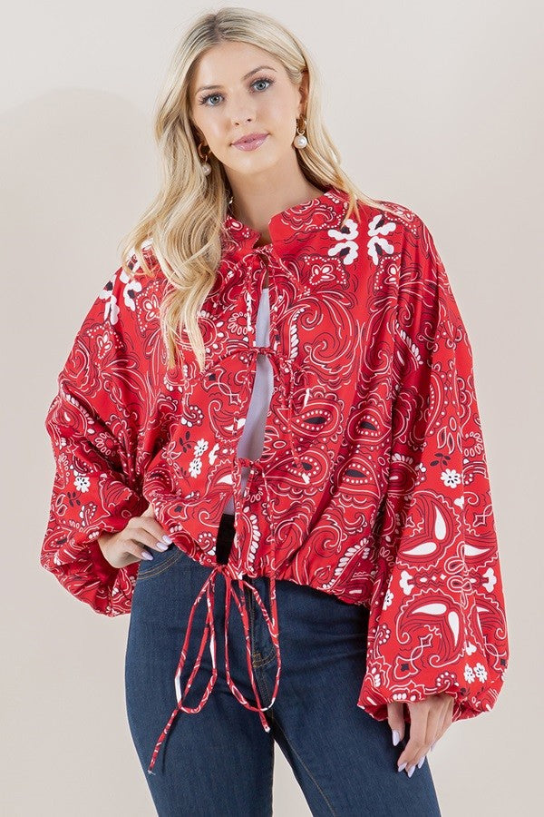 Red Paisley Tie-Front Cropped Jacket